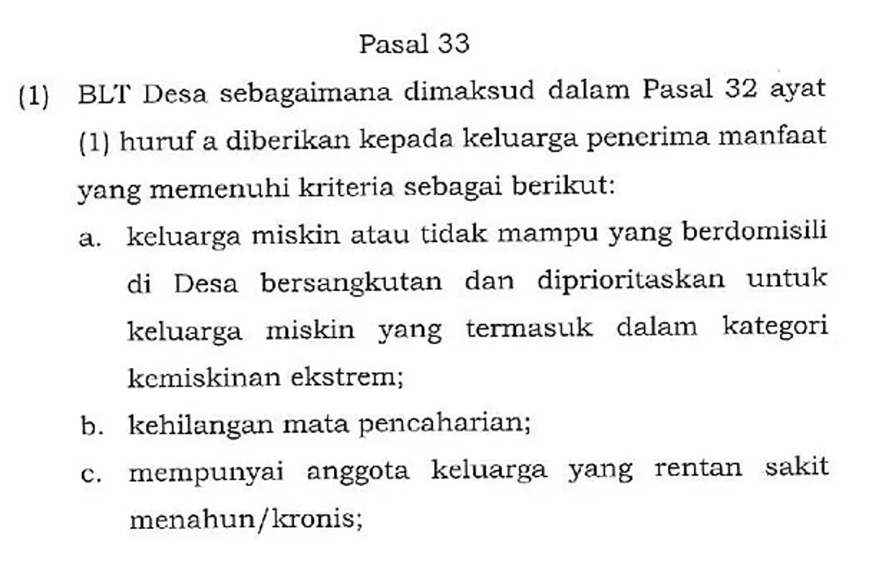 Kriteria Calon Penerima BLT DD Tahun 2022