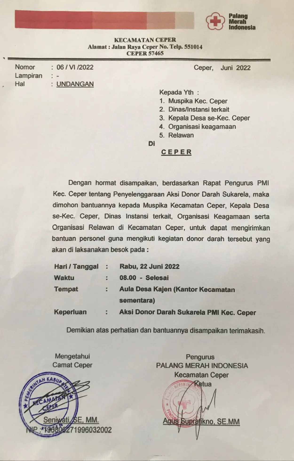 AKSI DONOR DARAH SUKARELA PMI KECAMATAN CEPER